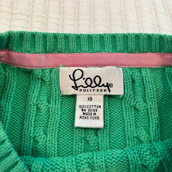 Lily Pulitzer Cable-Knit Crewneck Kelly Green Sweater Pink Logo Women's Size XS - Picture 6 of 9